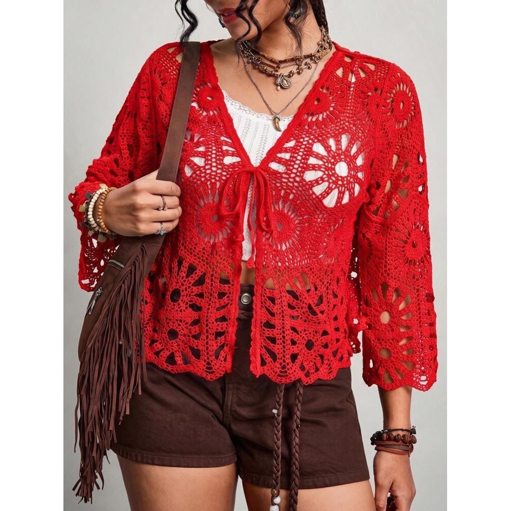 Vibrant Red Crochet Tie Front Bell Sleeve Cardigan XL Whimsigoth Boho Lace Shrug